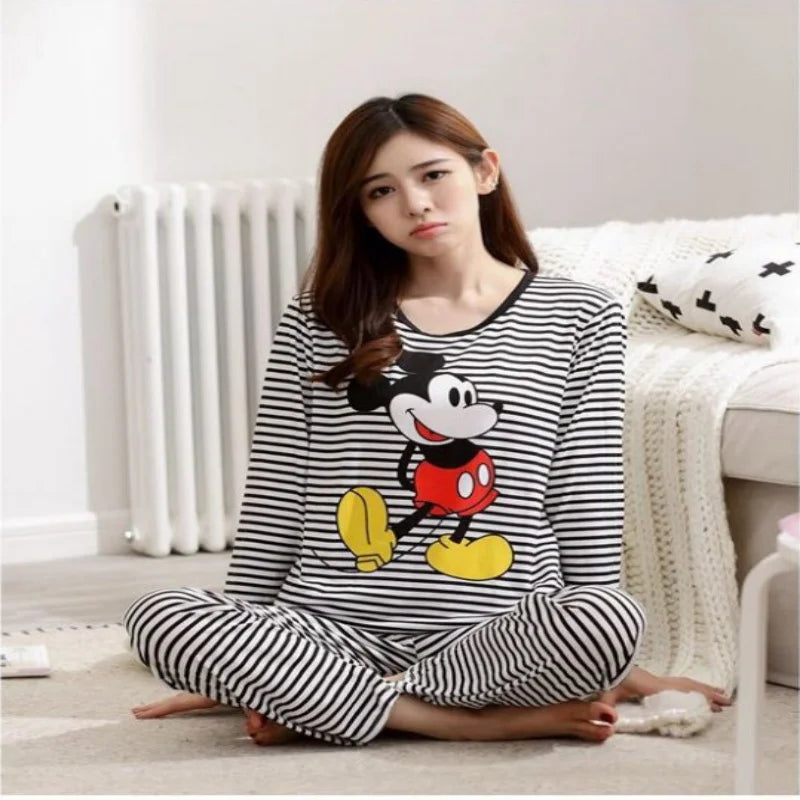 Spring And Autumn Long Sleeve+Long Pants Two Piece Pajama Set For Women Cartoon Cute Mickey Home Clothes Set