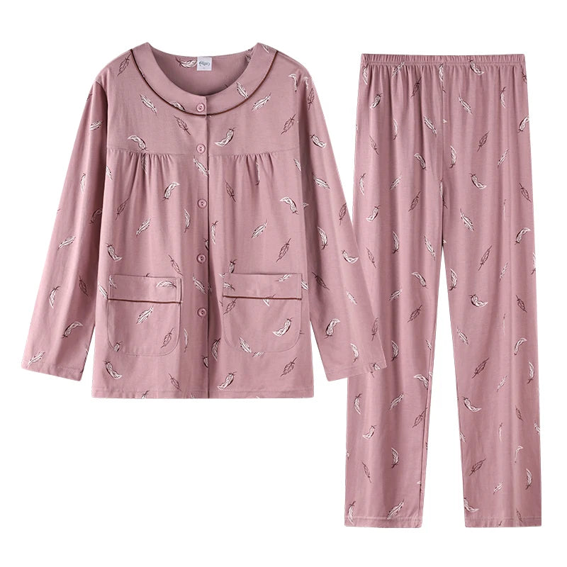 Women Small Flower Pajamas Set Big Yards Pijamas Mujer Autumn Sweet Cute Princess Long Sleeve Cardigan O-Neck Nightwear Homewear