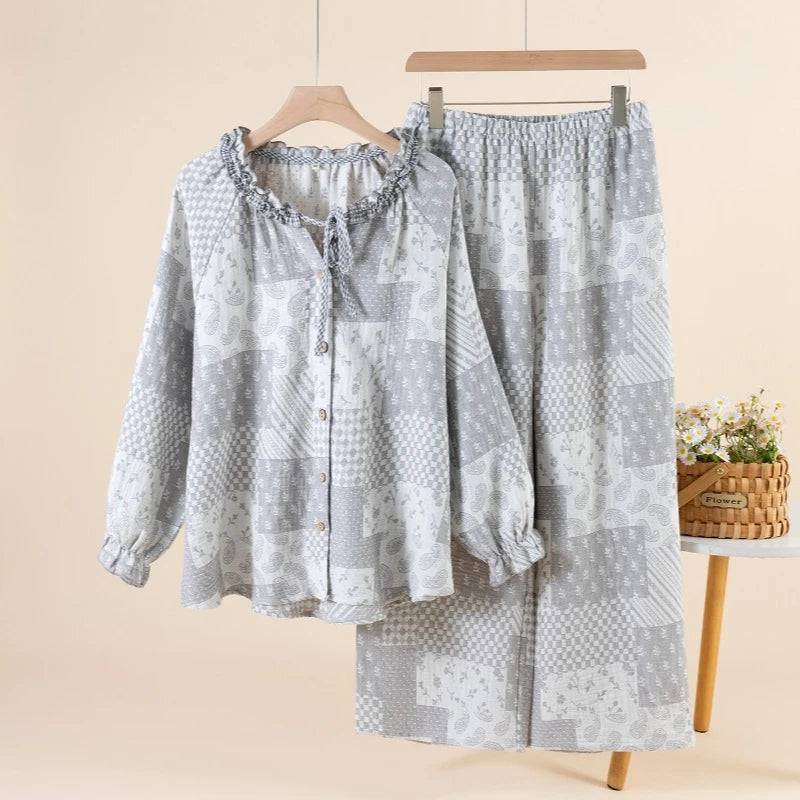 Cottagecore Romantic Pajama Set Women Soft Cotton Gauze Ruffle Neck Loungewear Sweet Patchwork Print Sleepwear 2 Piece Suit