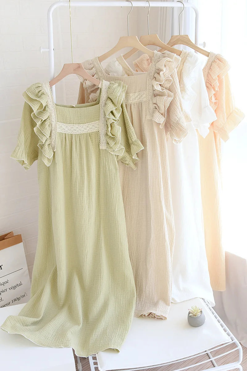 Summer New Ladies Nightdress 100% Cotton Crepe Lotus Leaf Sleeve Long Dress Palace Style Short Sleeve Nightdress Home Skirt
