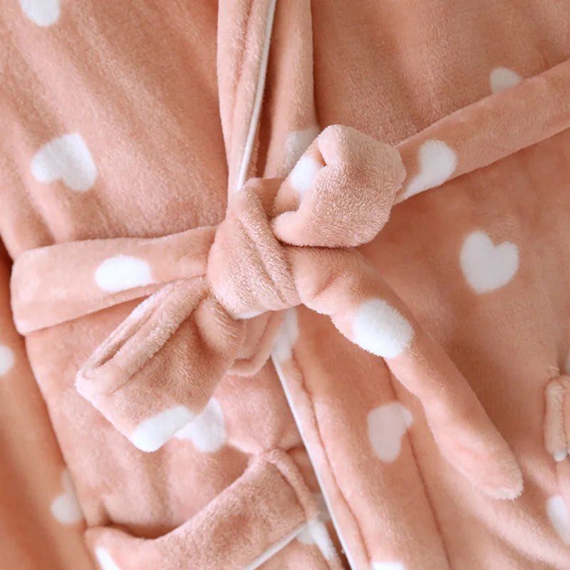 Autumn Winter Female Robe Thicken Flannel Bathrobe Kimono Sleepwear with Pocket Cute Print Sweet Heart Home Dress Lounge Wear