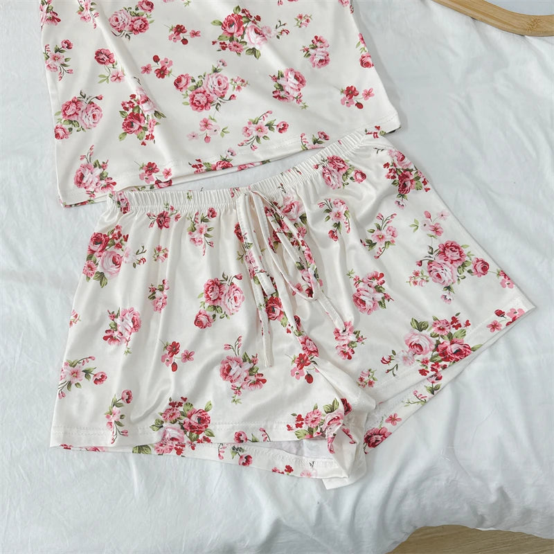 Summer Elegant Floral Print Sleepwear Women Sexy Ultra-Thin Vest and Shorts Comfortable Loungewear Breathable Nightwear HomeWear