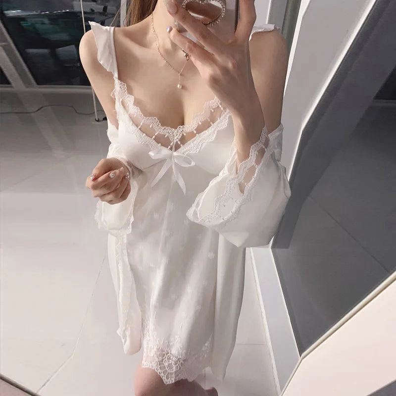 Bride Wedding Dress Set Dot Lace Flower Nightgown Lady White 2Pcs Nighty&dress Suit Sleepwear Satin Loungewear Kimono Bathrobe