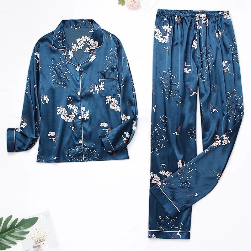 Spring Autumn pajama women Silk Satin pajamas set Long sleeve Shirt with Trouser Sleepwear Loungewear Female Pyjamas Suits Mujer