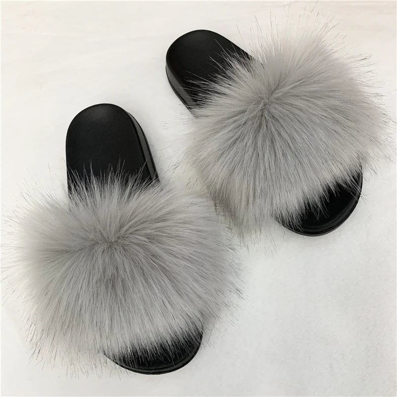 Ladies Fluffy Slippers Summer Women Faux Fur Soft Slides Stylish Open Toe Sandals Outdoor Indoor Furry Comfortable Beach Shoes
