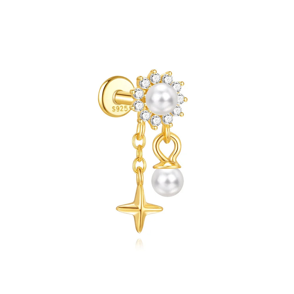 CANNER 1PC 925 Sterling Silver Eight-pointed Star CZ Piercing Earring For Women Ins Tassel Chain Stud Earring Party Fine Jewelry