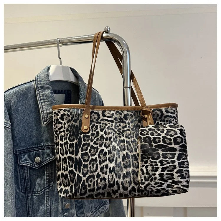 Women's Leopard Print Tote bag Pu Leather Underarm Bags Simple Casual Travel Shopping Bag Large Capacity Mother and Child Packag