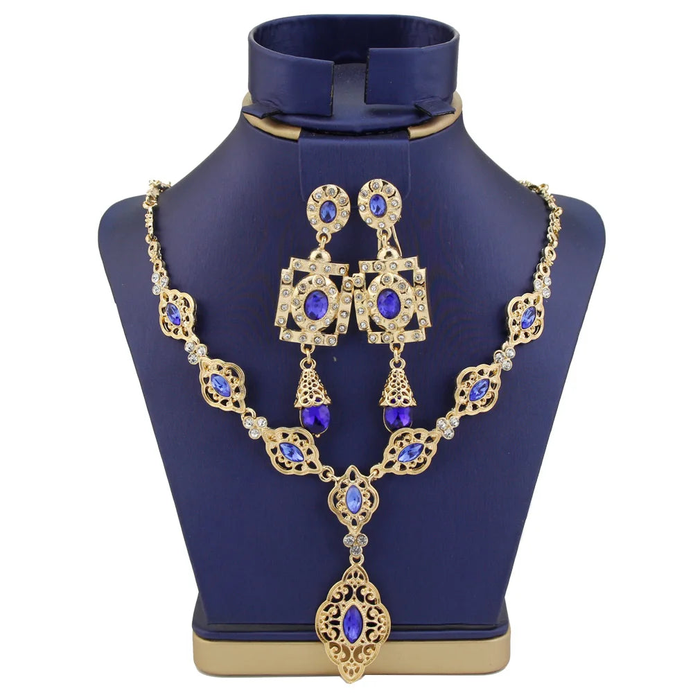 Sunspicems Moroccco Women Jewelry Set Gold Color Crystal Necklace Earring Set Algeria Wedding Jewelry Bride Drop Earring Choker