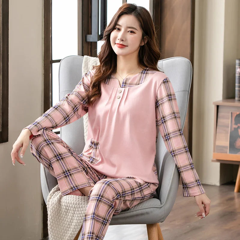Pajamas Sets Women Floral Cotton Fashion Lace Women Long Sleeve Sleepwear Suit 2 piece Sexy Autumn Home Lounge Gift XXXXL
