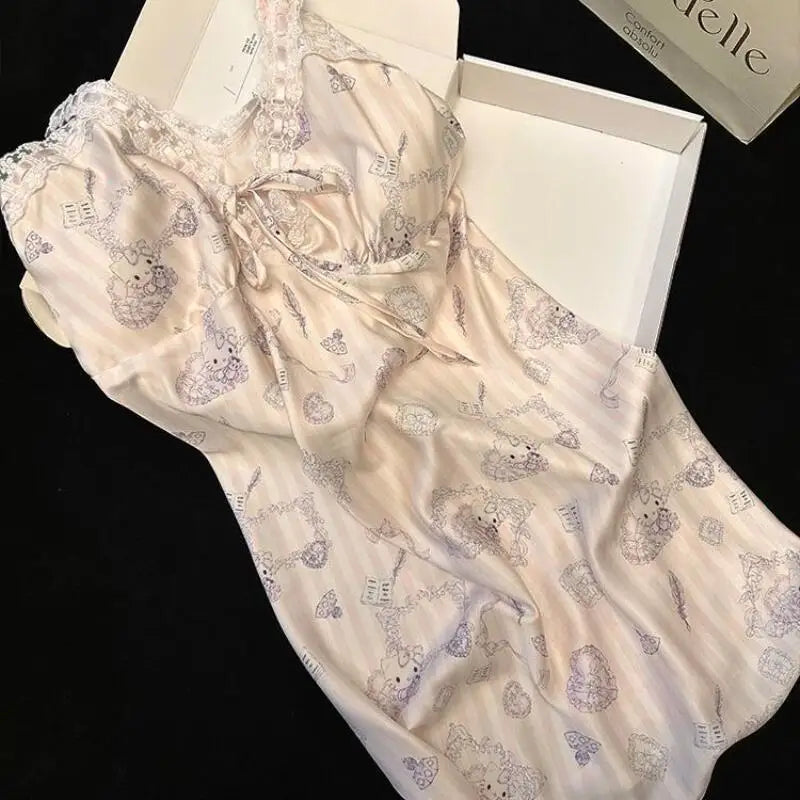 Sanrios Suspenders Nightgown Hello Kittys Ice Silk Pajamas Loose Clothes Simple Trendy Thin Printed Skirt Creative Hot Selling
