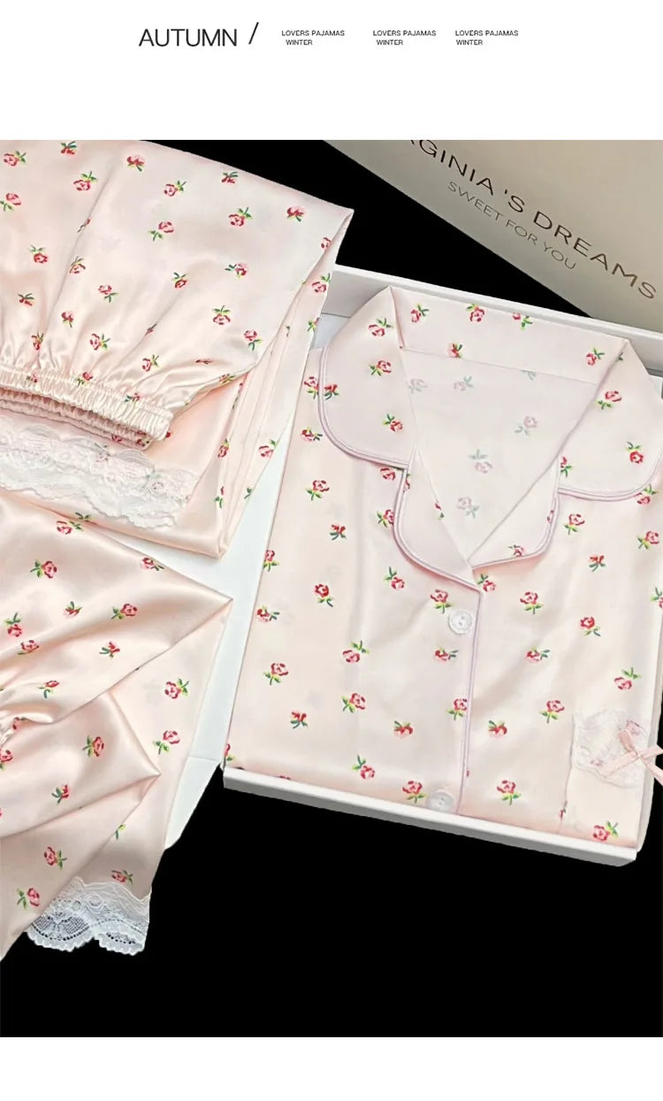Sweet Floral Ins-Style Ice Silk Pure Desire Girl Pajamas Short-Sleeve Three-Piece Set Summer Satin Lace-Trimmed Loungewear