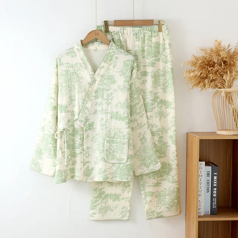 Spring /Autumn Chinese Style Pajamas for Women Cotton Gauze Lace-up Long-sleeved Pants Elegant Home Clothing Kimono Home Clothes