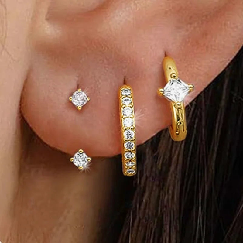 3PCS Sets Stainless Steel Square Zirconia Hoop Earrings For Women Daily Life Cartilage Stud Earrings Piercing Jewelry Gift