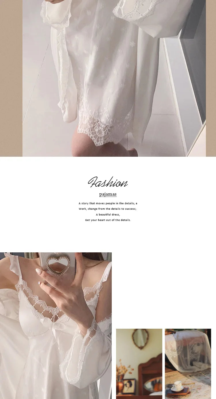 Bride Wedding Dress Set Dot Lace Flower Nightgown Lady White 2Pcs Nighty&dress Suit Sleepwear Satin Loungewear Kimono Bathrobe