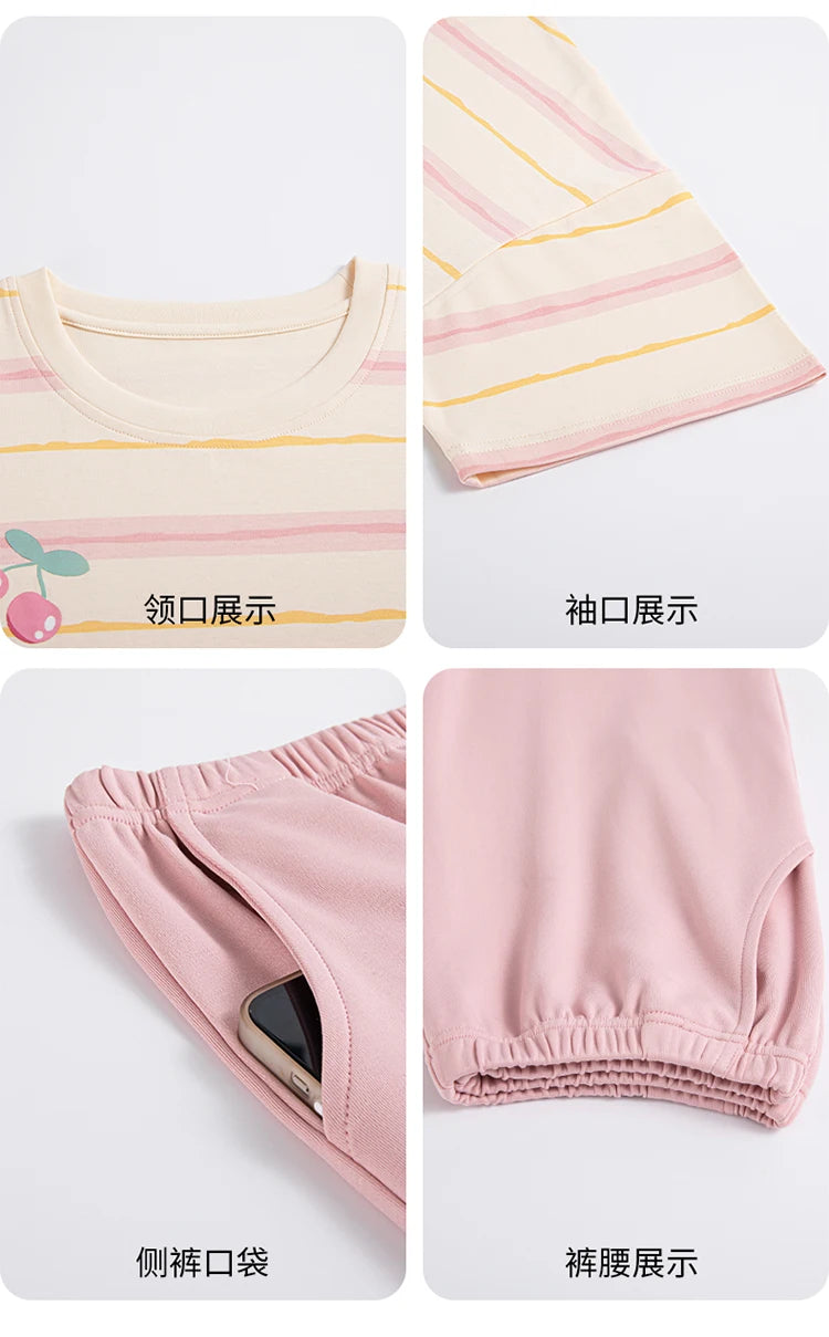 MiiOW 2Pcs Summer Women's Pajamas Set Cotton Short Sleeve Woman Homewear Cute Pink Patchwork Print Girls Pajamas Woman Sleepwear