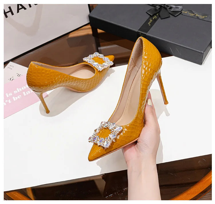 FyLuan New Fashion Women Pumps Rhinestone Square Ladies Shoes Pointed Beaded Female High Heels Sexy Comfortable Lady Stiletto