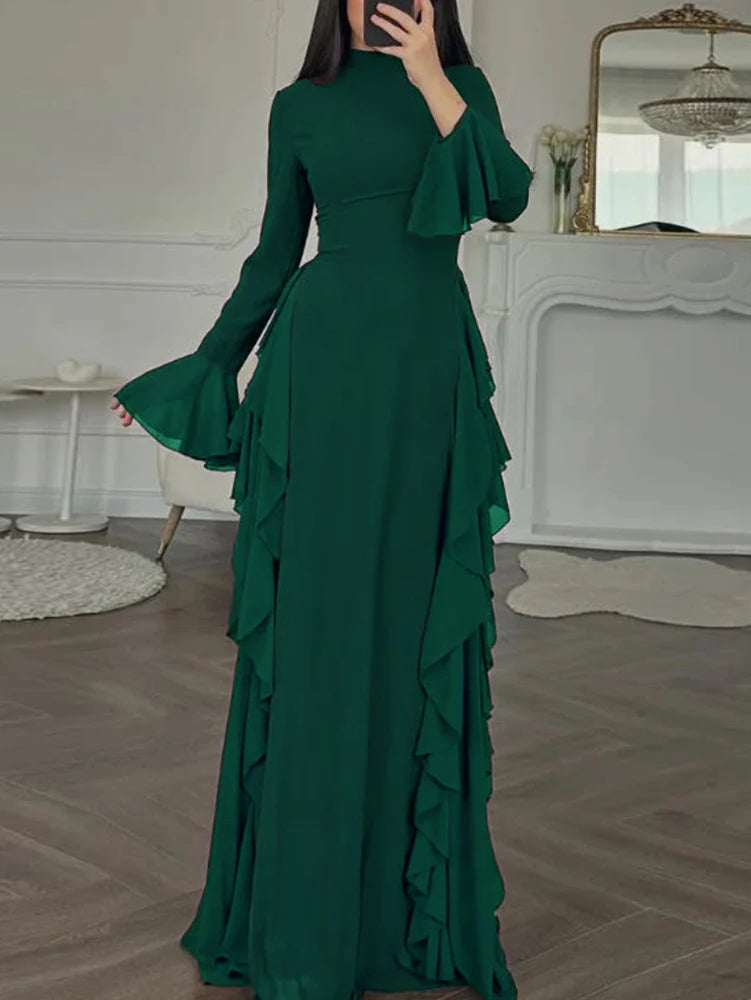 2025 European and American Women's Elegant Casual High-Waisted Solid-Colour Bell-Sleeve Dress Long Dress with Long Sleeves