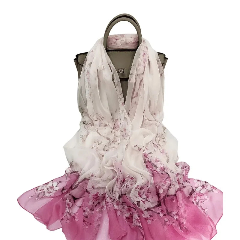 Lightweight Large 100% Mulberry Silk Scarf for Women Oblong Shawl Neck Scarf Beach Wrap Headscarf Gift Pack Pink Floral Print