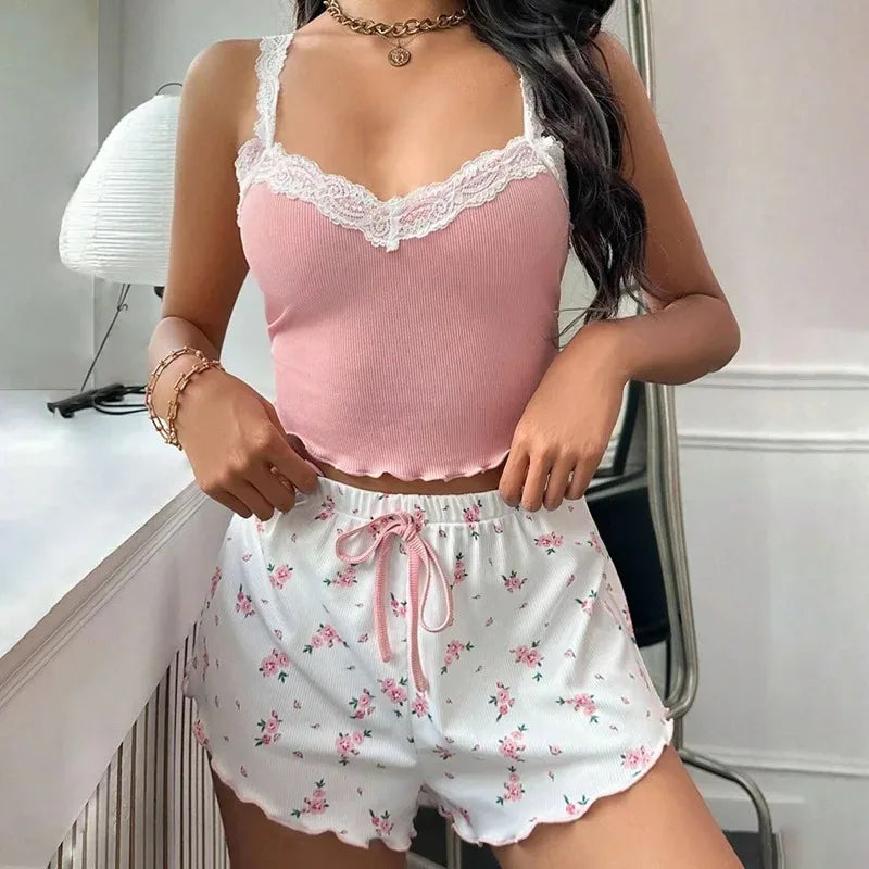 Women's Lace Trim Cami Pajama Set Floral Print Shorts Sleepwear Soft Knit V-Neck Loungewear Set Nightwear and Casual Home Wear