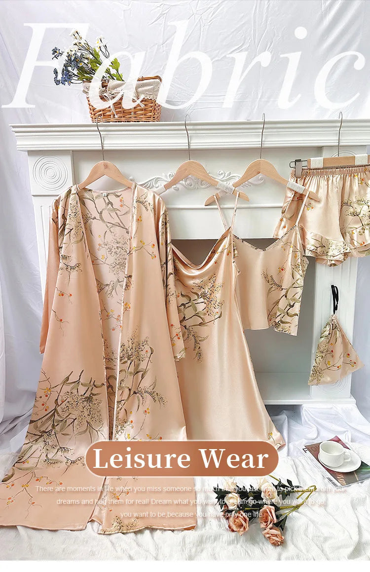5pcs Floral Print Long Sleeve Robe Cami Dress Cami Top Ruffle Hem Shorts Simple Pajamas Sets for Women