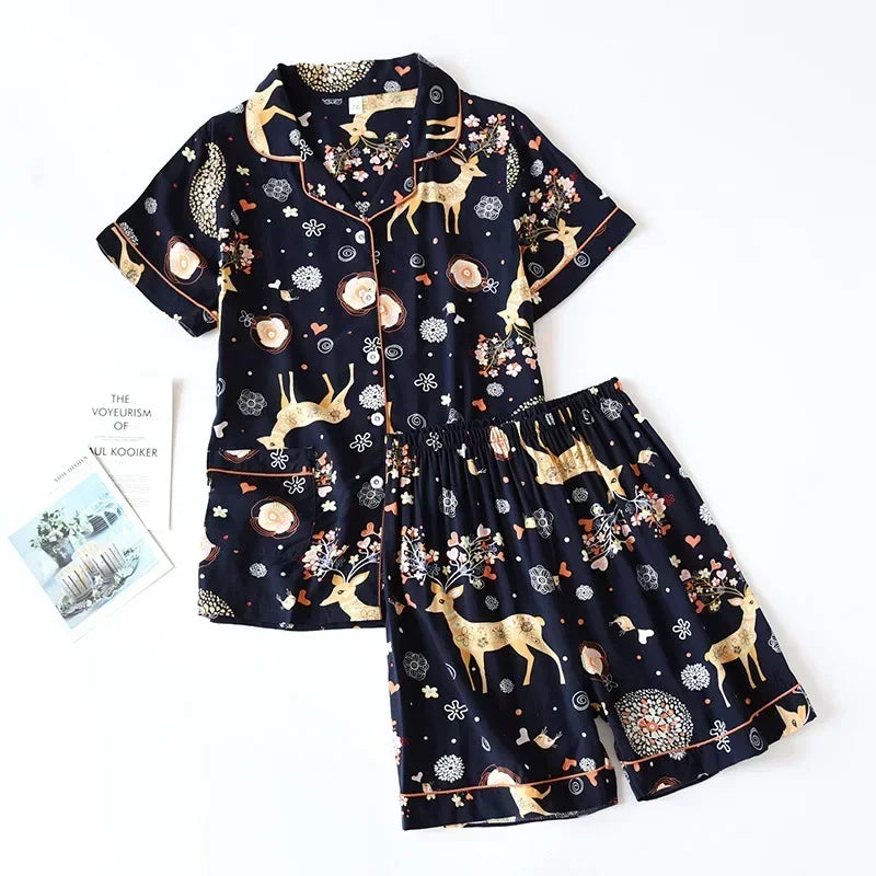 Spring and autumn ladies cute cartoon floral viscose fiber pajamas two-piece long-sleeved home service cotton summer thin shorts