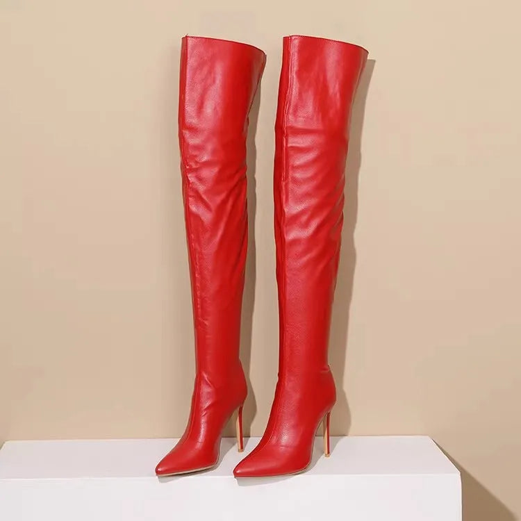 Women Boots Red Black Pointy Toe Thigh High Long Boots Autumn Winter Zip Over-the-Knee Boots Party Shoes Plus Size 46 Stiletto