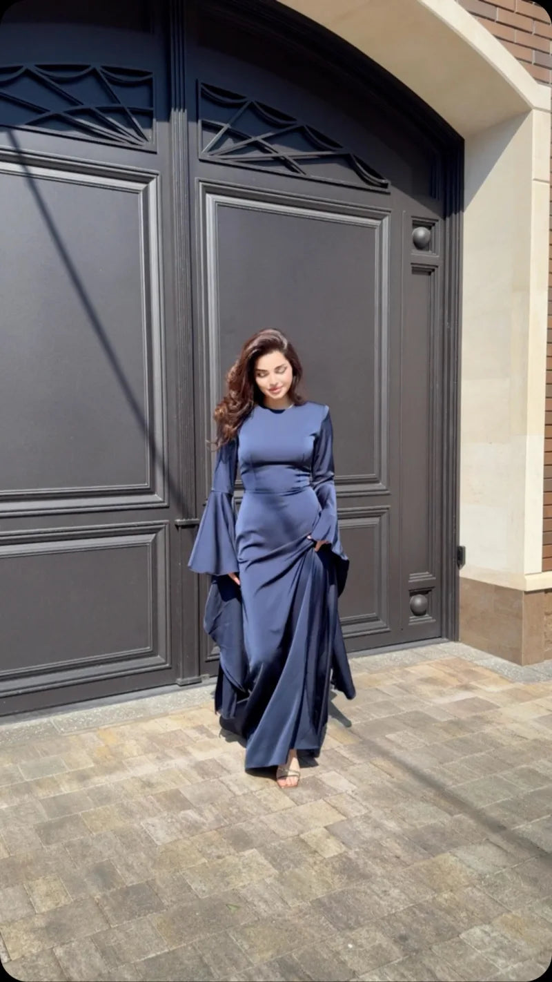 Women Cocktail Party Dress Big Swing Middle Eastern Long Floating Sleeves Slim Empire Lady Banquet Solid Maxi Clothing