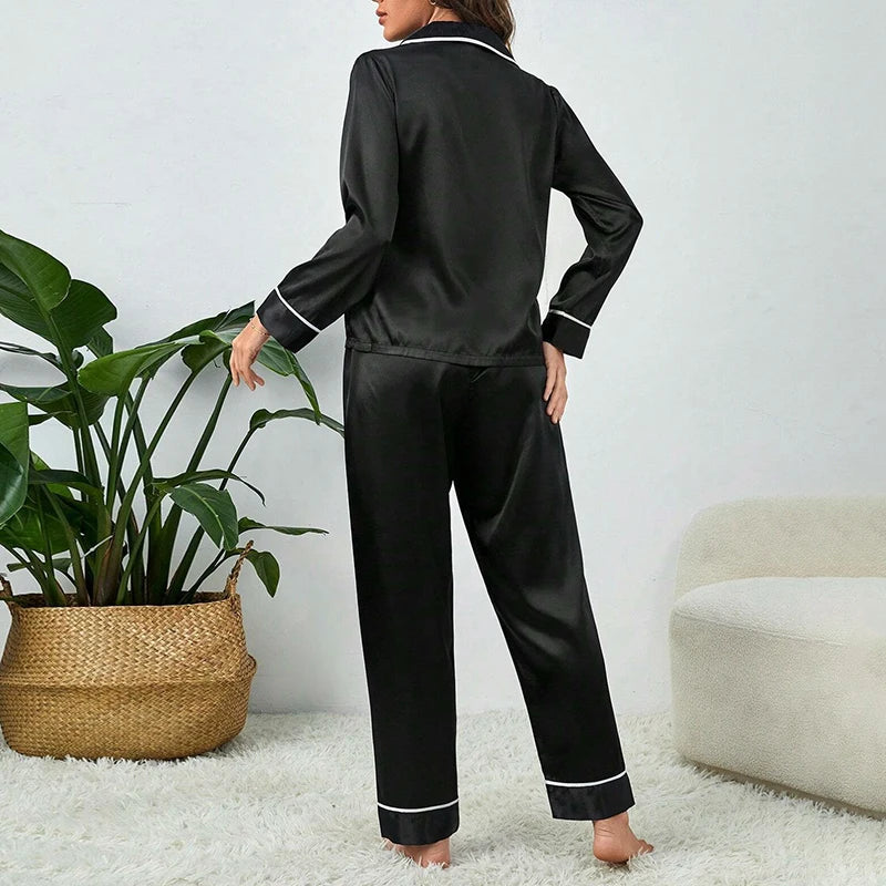 Spring Autumn pajama women Silk Satin pajamas set Long sleeve Shirt with Trouser Sleepwear Loungewear Female Pyjamas Suits Mujer