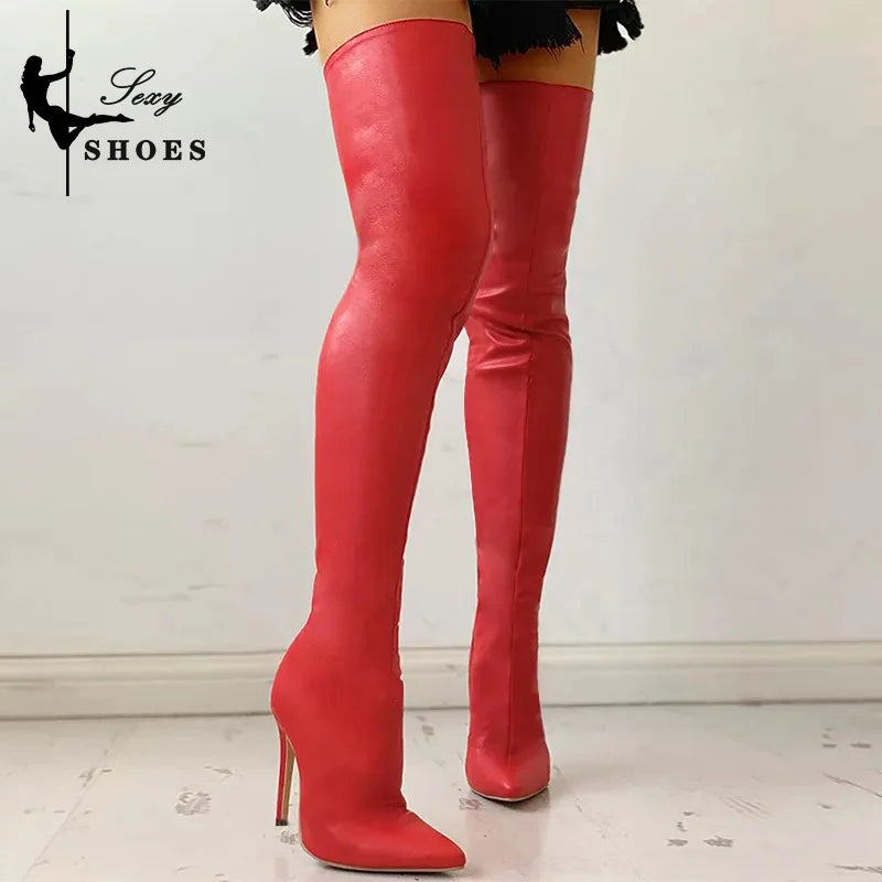 Women Boots Red Black Pointy Toe Thigh High Long Boots Autumn Winter Zip Over-the-Knee Boots Party Shoes Plus Size 46 Stiletto