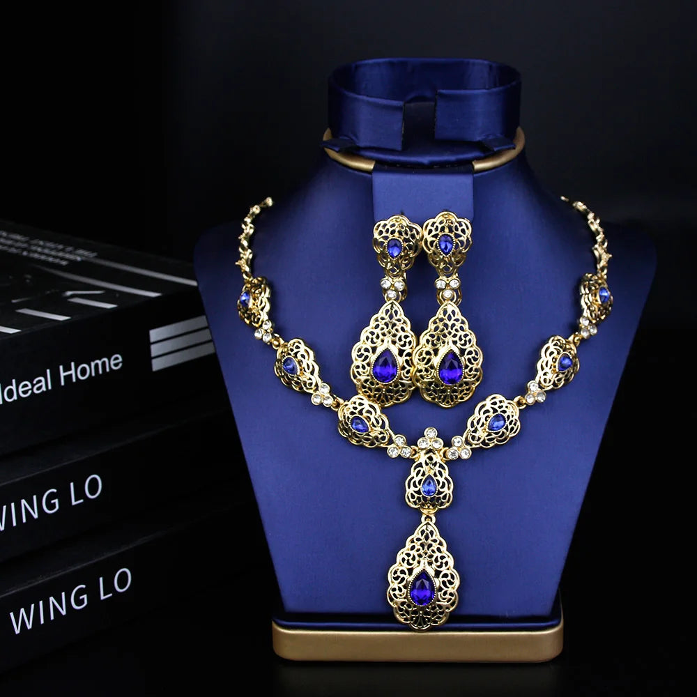 Sunspicems Moroccco Women Jewelry Set Gold Color Crystal Necklace Earring Set Algeria Wedding Jewelry Bride Drop Earring Choker