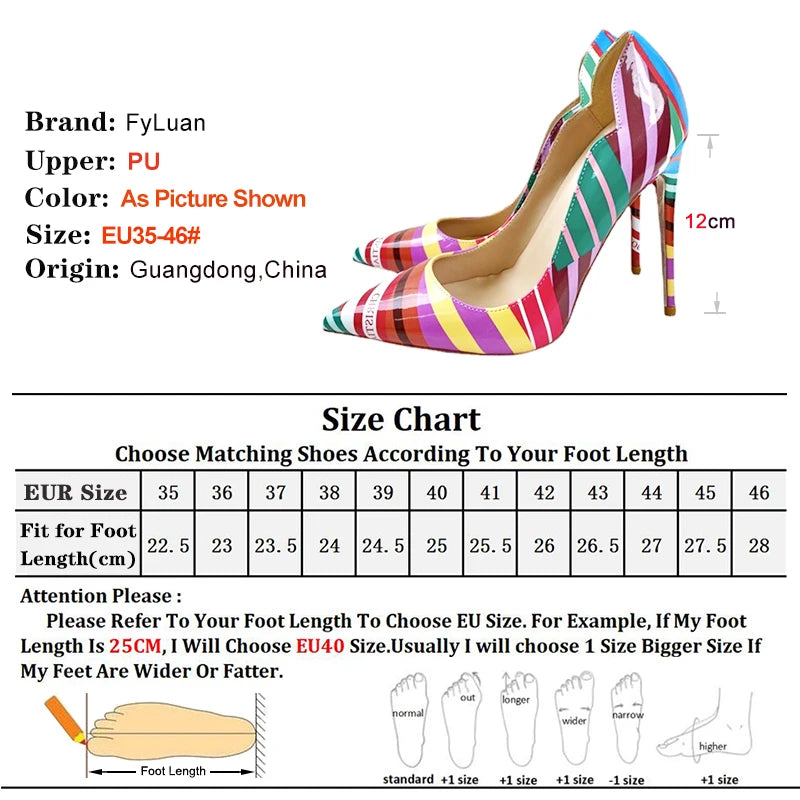 Colorful Striped High heels Fashion Cutting Pointed Shallow Party Shoes For Woman 8CM 10CM 12CM Women Pumps Large Size 44 45 46