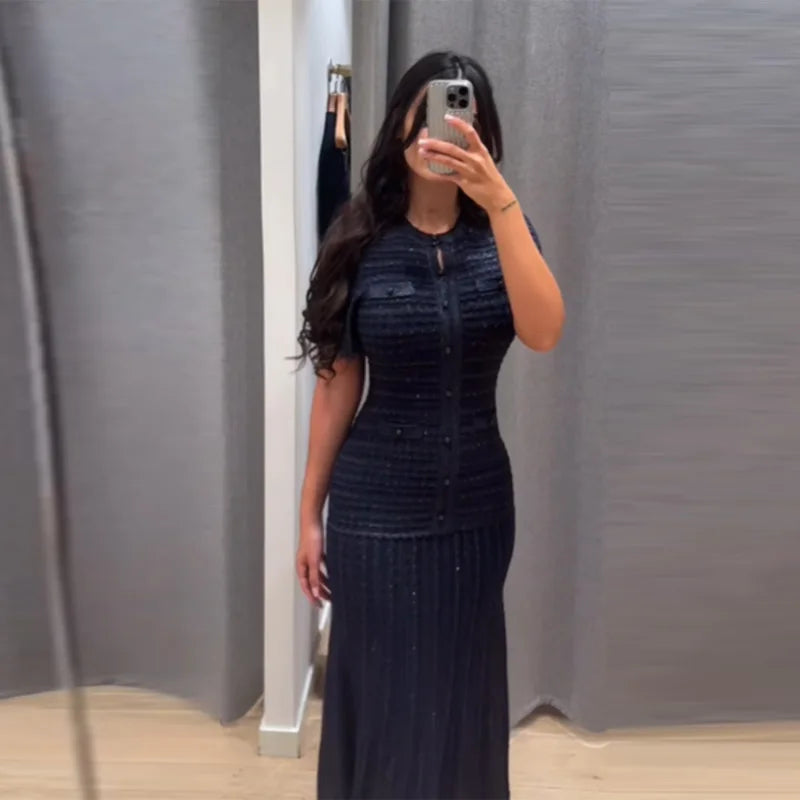 Cinched Waist Sequin Maxi Dress for Women Round Neck Short Sleeved Knitted Dresses 2026 NEW Hollow Out Single Breasted Midi Robe
