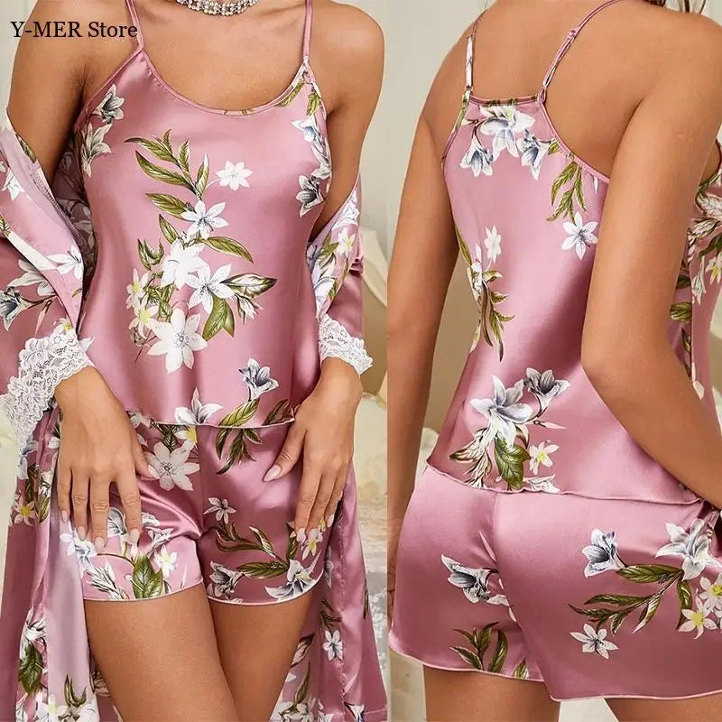 Sexy Lace Trim Robe Nightgown Home Wear Pink Flower Print Pajamas Set Women Satin Strap Top Shorts Robe Lady Satin Lingerie Set