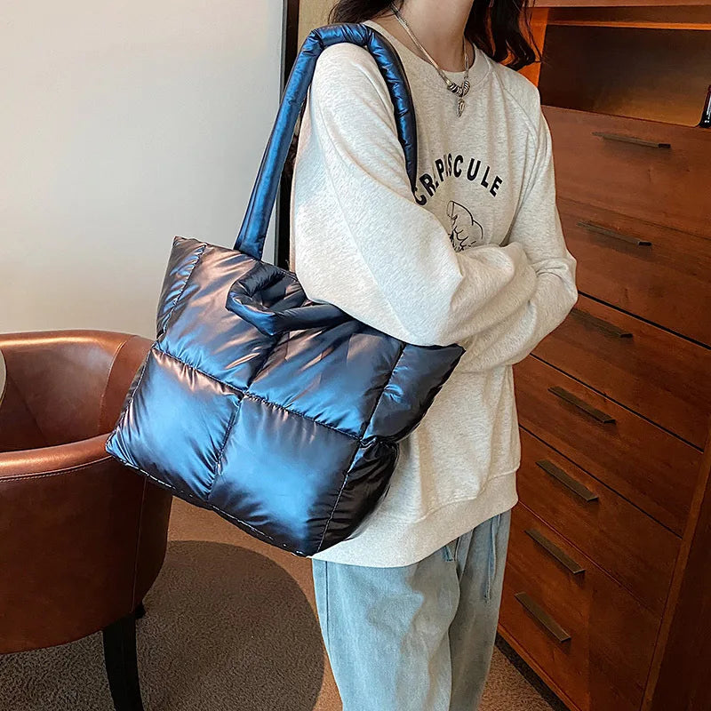 Designer Puffy Shoulder Bag Women Quilted Space Down Feather Padded Cotton Handbag Winter Large Capacity Warm Shopping Purse