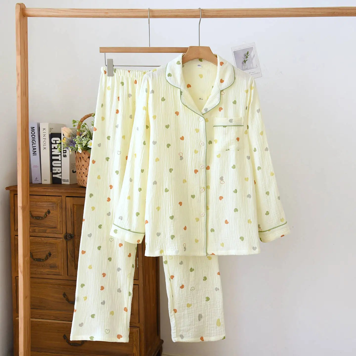 New large size pajamas women cotton crepe home service cotton long sleeve trousers suit simple and comfortable summer and autumn
