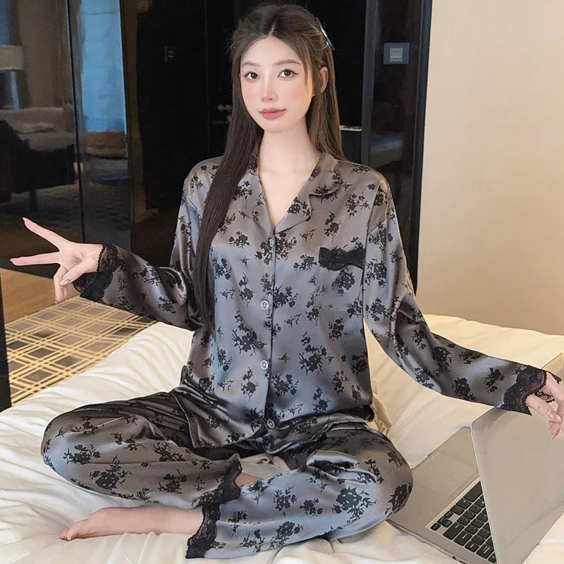 Spring New Women's Long Sleeved Ice Silk Sleepwear Home Suit Set with Floral Lace Loose Sleepwear Home Suit Long Sleeved Set