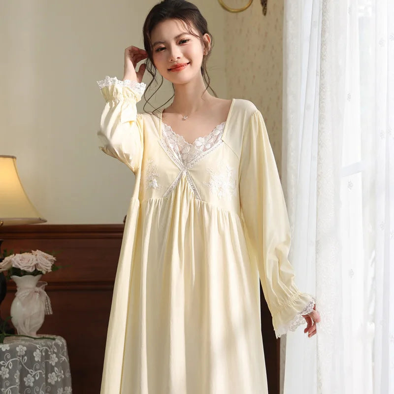 Vintage Victorian Nightgown Women Lace Embroidered Palace Style Princess Sleep Dress Cotton Soft Romantic French Loungewear