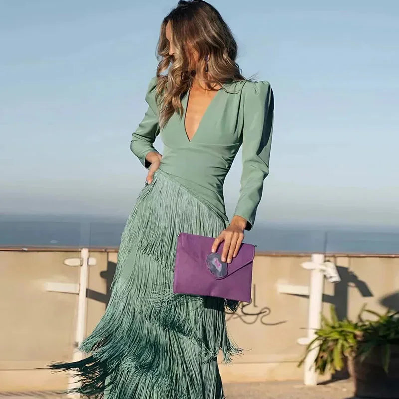 French Elegant Deep V Neck Slim Prom Dresses 2025 Spring Solid Spliced Tassel Long Dress Woman Long Sleeve New Autumn Maxi Dress