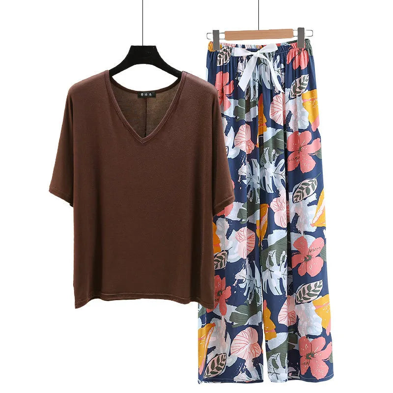 V Neck Tshirt with Poplin Floral wide leg pants summer cool pajamas sets Loose casual homewear suit Rayon Loungewear all match