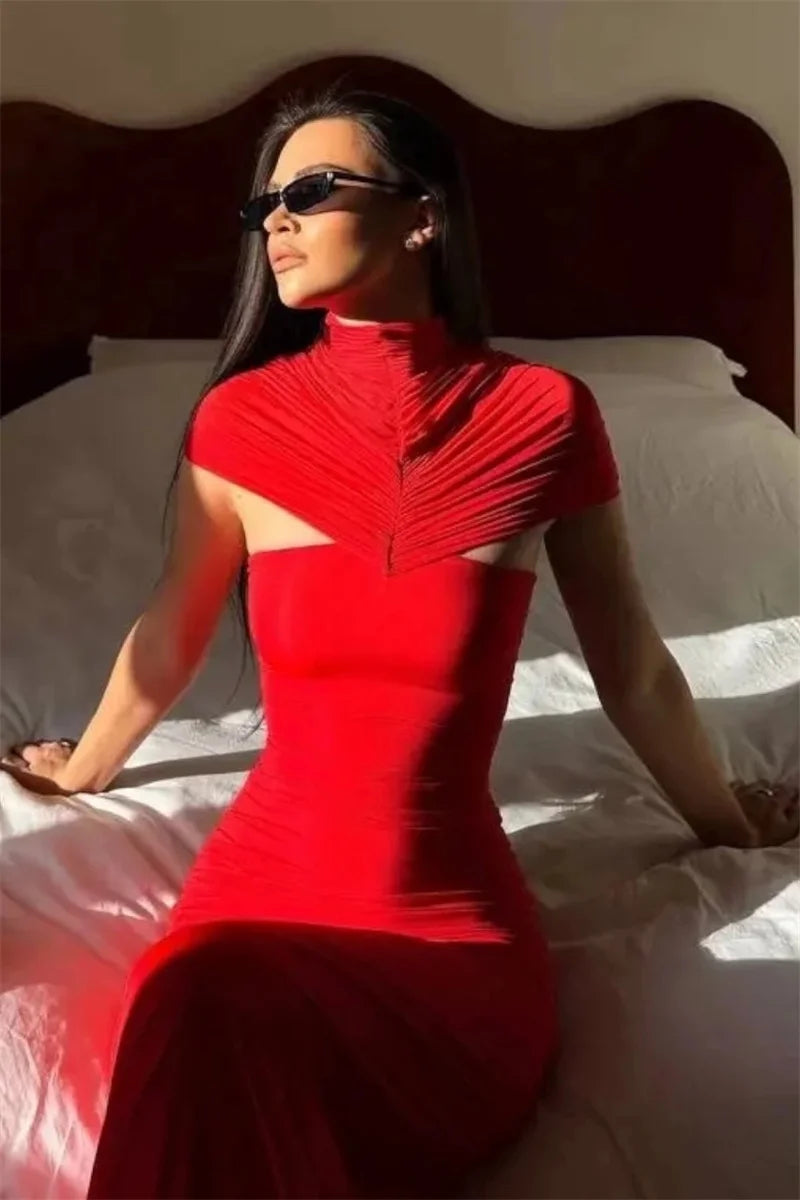 Mozision Turtleneck Short Sleeve Sexy Maxi Dress Women Elegant Draped Ruched Evening Club Party Long Dresses Female Clothes