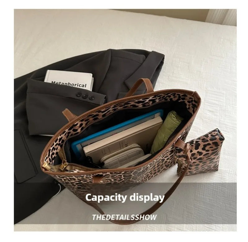Women's Leopard Print Tote bag Pu Leather Underarm Bags Simple Casual Travel Shopping Bag Large Capacity Mother and Child Packag