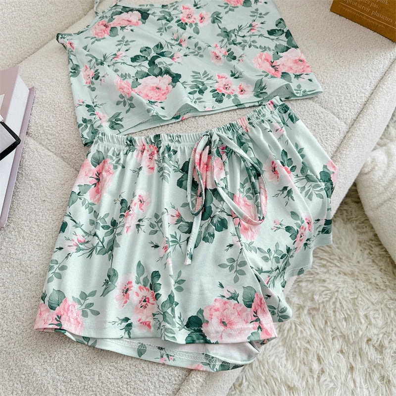 Summer Elegant Floral Print Sleepwear Women Sexy Ultra-Thin Vest and Shorts Comfortable Loungewear Breathable Nightwear HomeWear