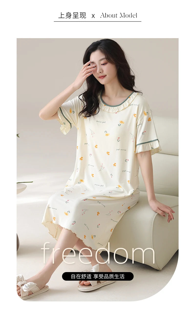 Women Modal Nightdress Small Flower Sleep Dress Short Sleeve Sleepshirt Ruffles Nightshirt Nightgown Sleepwear 4XL5XL Home Dress