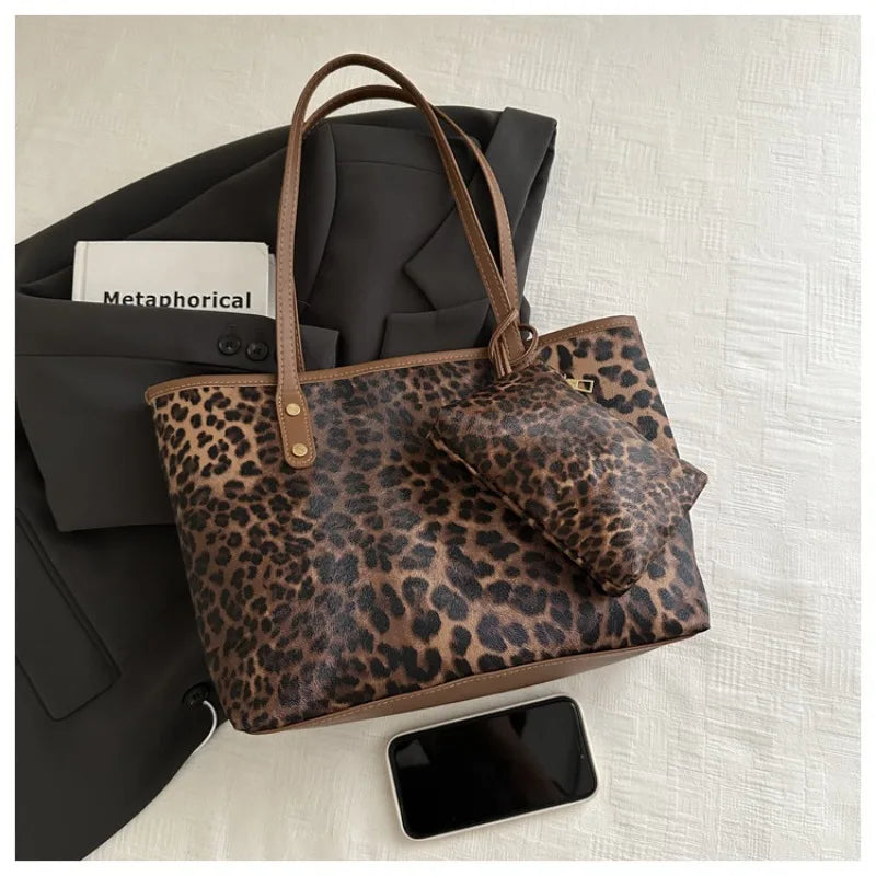 Women's Leopard Print Tote bag Pu Leather Underarm Bags Simple Casual Travel Shopping Bag Large Capacity Mother and Child Packag