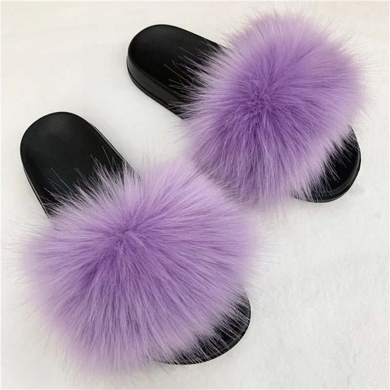 Ladies Fluffy Slippers Summer Women Faux Fur Soft Slides Stylish Open Toe Sandals Outdoor Indoor Furry Comfortable Beach Shoes