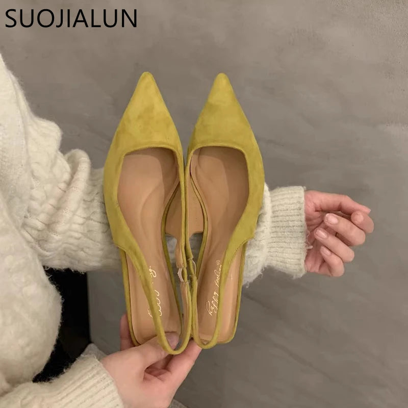 SUOJIALUN 2024 Spring New Women Sandal Fashion Pointed Toe Shallow Slip On Dress Mules Shoes Thin Low Heel Slingback Sandal