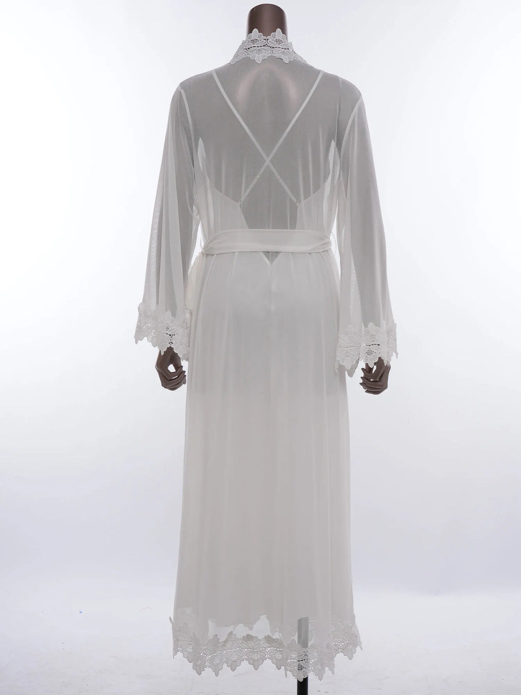 Womens Floral Lace Nightgown Set Long Sleeve Sheer Mesh Robe with Backless Satiny Sling Dress Gown Belt for Bride Wedding Night