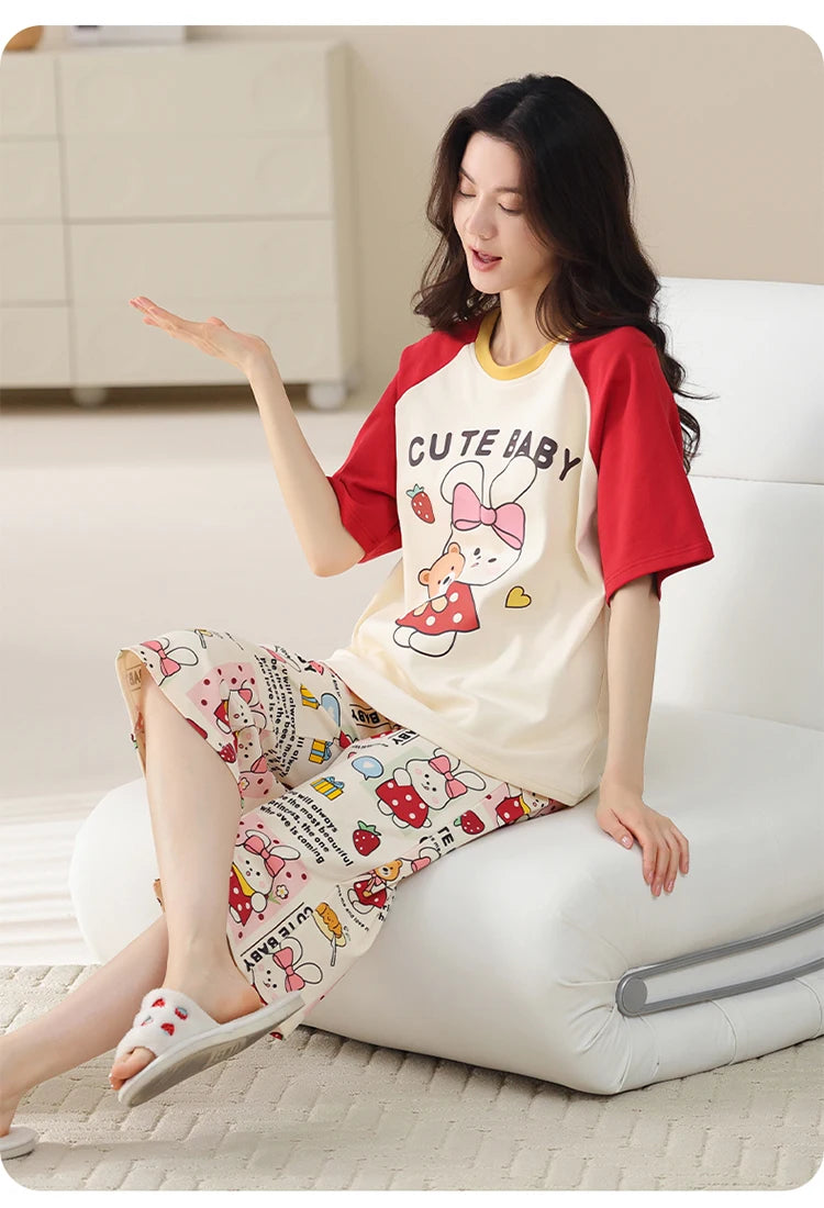 MiiOW 2Pcs Summer Women's Pajamas Set Cotton Short Sleeve Woman Homewear Cute Pink Patchwork Print Girls Pajamas Woman Sleepwear