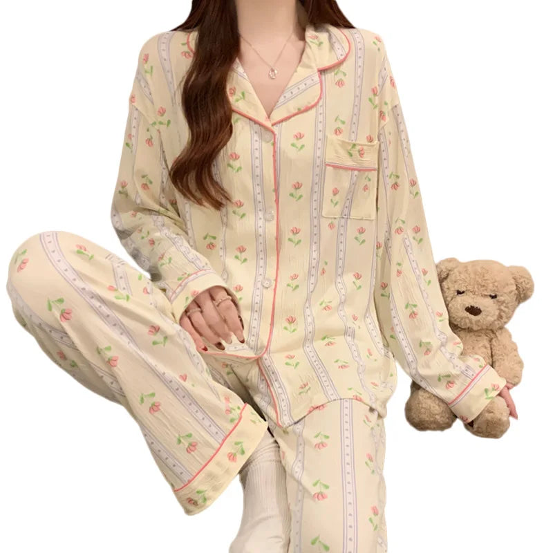 Spring and Autumn New Women's Fresh Flowers Long-Sleeved Pajamas Homewear Suit Leisure Pajamas Thin Section Homewear Pajamas Set