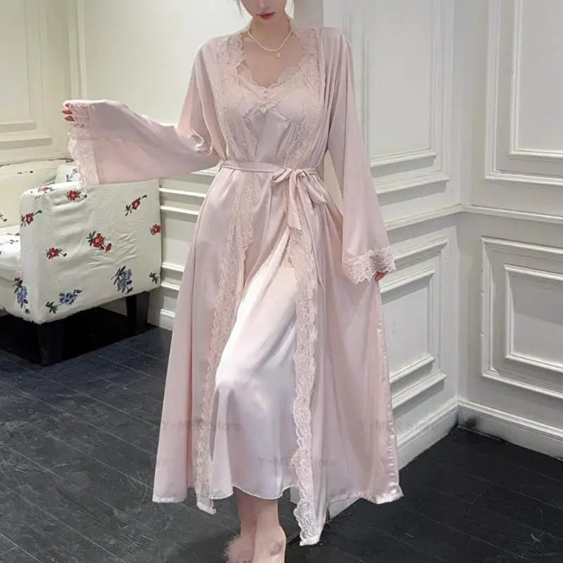 2025New Long Sweet Blue Robe Set Women Elegant Bathrobe Rayon Kimono Sexy Lace Floral Home Dressing Gown Princess Loungewear